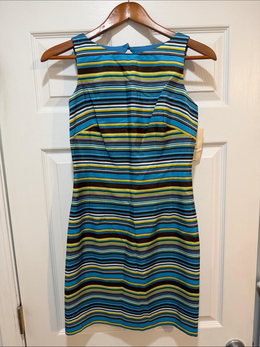 Sleeveless Striped Sheath Dress in Teal and Yellow